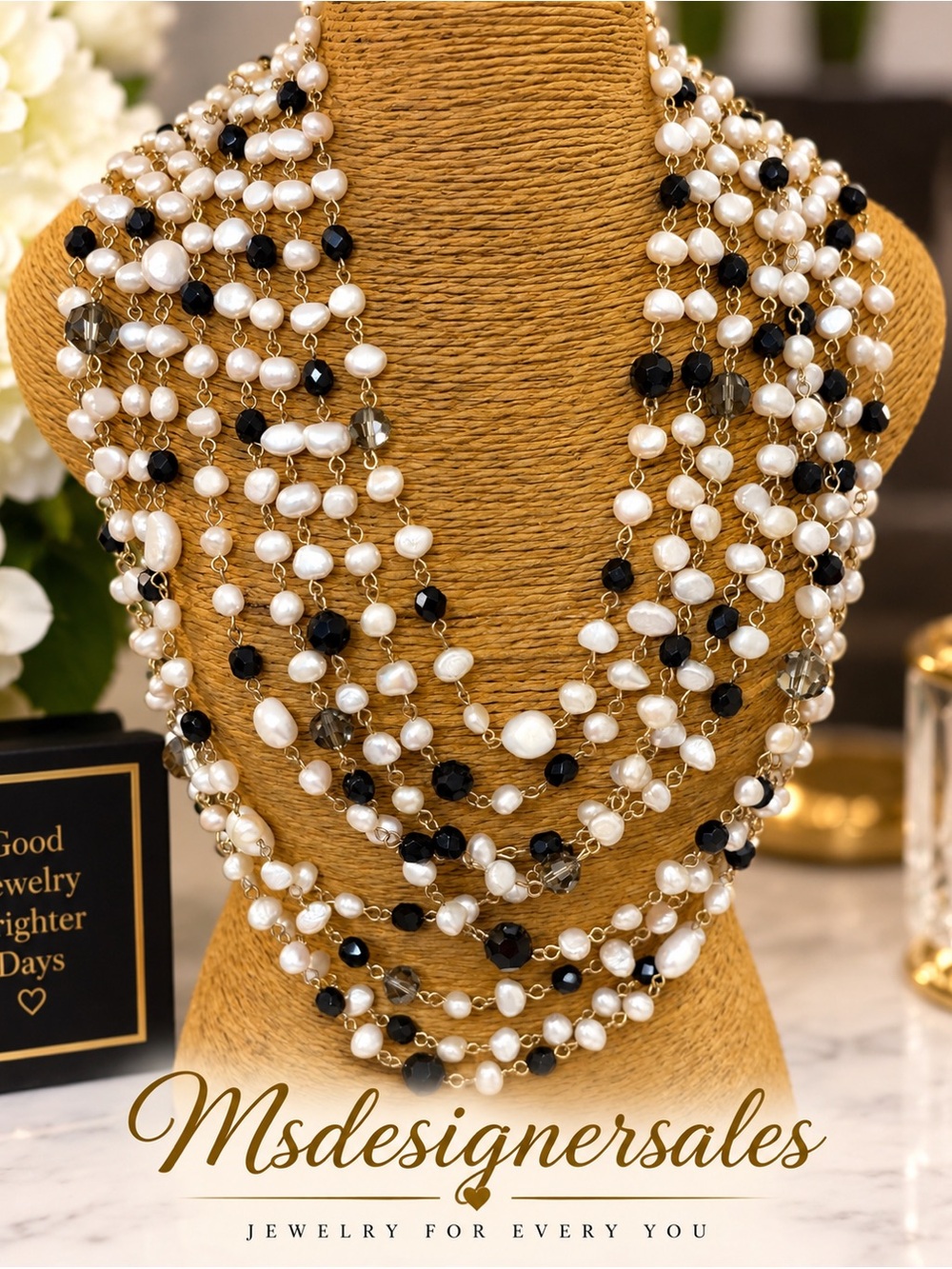 Multi-Strand Pearl & Black Bead Necklace